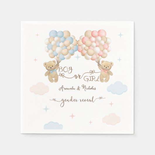 Pink Blue Boy Girl Bear Balloons Gender Reveal Serviette (Vorderseite)