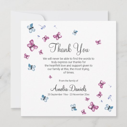 Pink Blue Butterfly Beerdigung Danke Karte (Vorderseite)