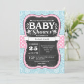 Pink Blue Chalkboard Floral Baby Dusche laden ein Einladung (Stehend Vorderseite)