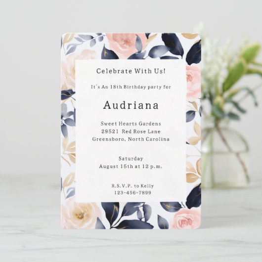 Pink Blue Chic Blume Geburtstag Einladung (Stehend Vorderseite)