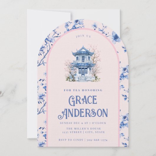 Pink & Blue Chinoiserie Einladung (Vorderseite)