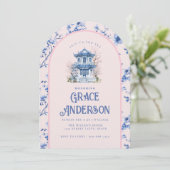 Pink & Blue Chinoiserie Pagoda Einladung (Stehend Vorderseite)