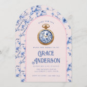 Pink & Blue Chinoiserie Pocket Watch Tee Einladung (Vorne/Hinten)