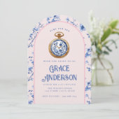 Pink & Blue Chinoiserie Pocket Watch Tee Einladung (Stehend Vorderseite)