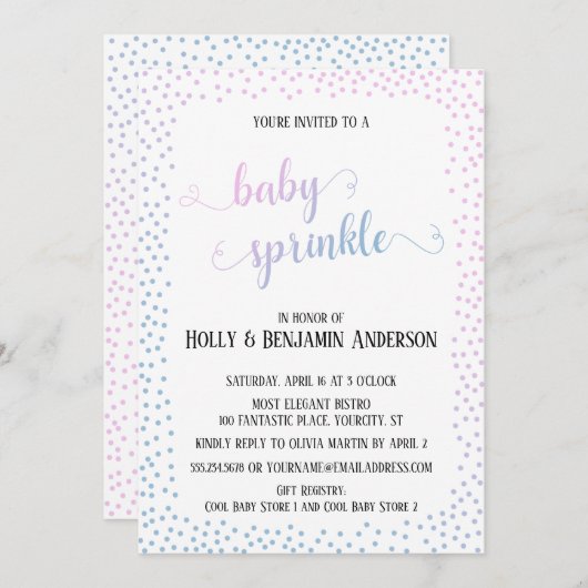 Pink Blue Confetti Typografy Baby Sprinkle Einladung (Vorne/Hinten)