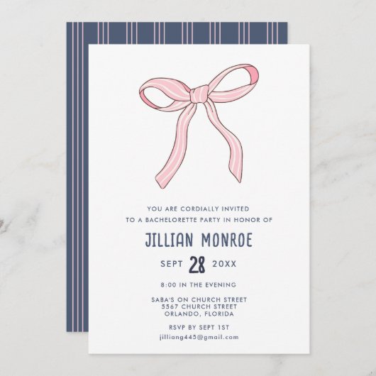 Pink Blue Coquette Bow Junggeselinnen-Abschied Einladung (Vorne/Hinten)