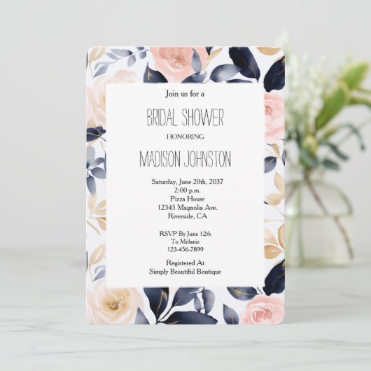 Pink Blue Cream Floral Bridal Shower Einladung (Stehend Vorderseite)