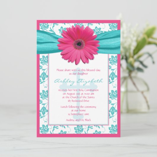Pink Blue Daisy Damask Erste Einladung (Stehend Vorderseite)