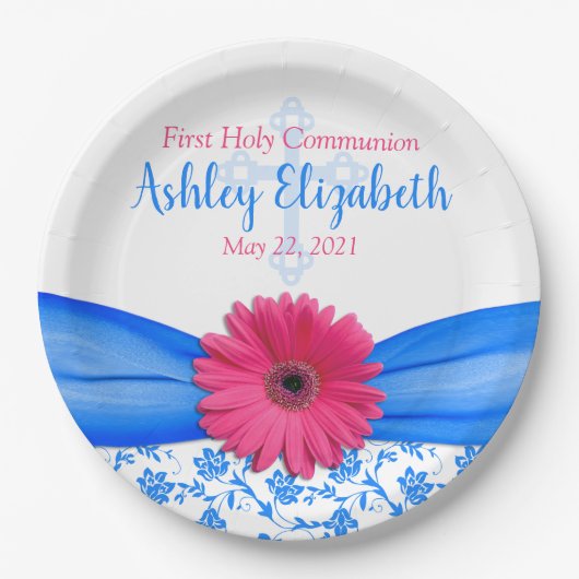 Pink Blue Damask Daisy Erste Kommune Pappteller (Vorderseite)