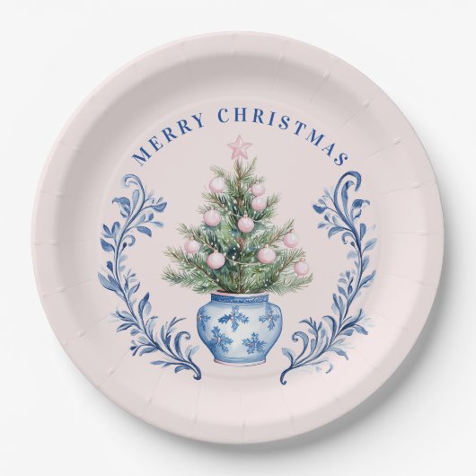 Pink & Blue Damask Wappen Weihnachtsbaum Pappteller (Vorderseite)