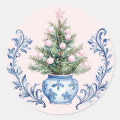 Pink & Blue Damask Wappen Weihnachtsbaum Runder Aufkleber (Vorderseite)