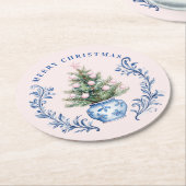 Pink & Blue Damask Wappen Weihnachtsbaum Runder Pappuntersetzer (Angewinkelt)