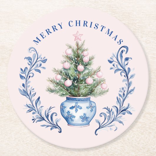 Pink & Blue Damask Wappen Weihnachtsbaum Runder Pappuntersetzer (Vorderseite)