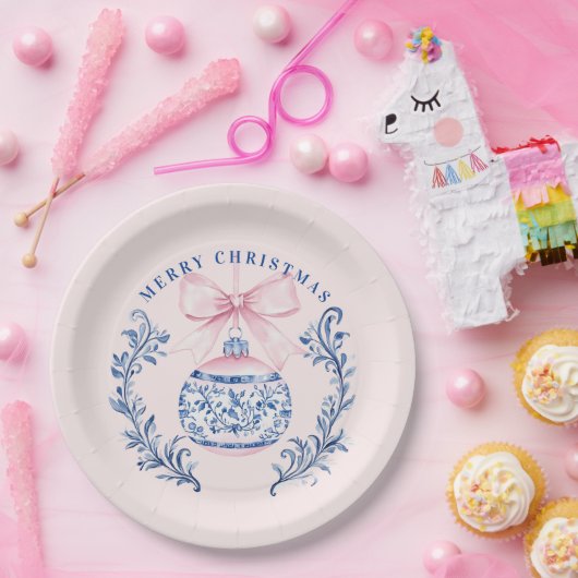 Pink & Blue Damask Wappen Weihnachtsschmuck Pappteller (Party)