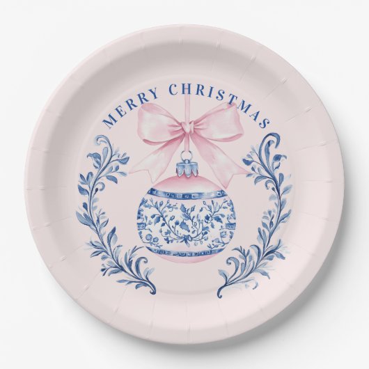 Pink & Blue Damask Wappen Weihnachtsschmuck Pappteller (Vorderseite)
