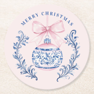 Pink & Blue Damask Wappen Weihnachtsschmuck Runder Pappuntersetzer