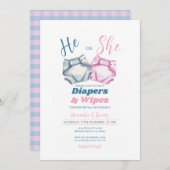 Pink Blue Diapers and Wipes Gender Reveal Gingham Einladung (Vorne/Hinten)
