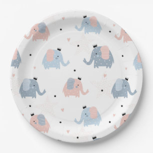 Pink Blue Elephants Crowns Girl Boy Baby Dusche Pappteller