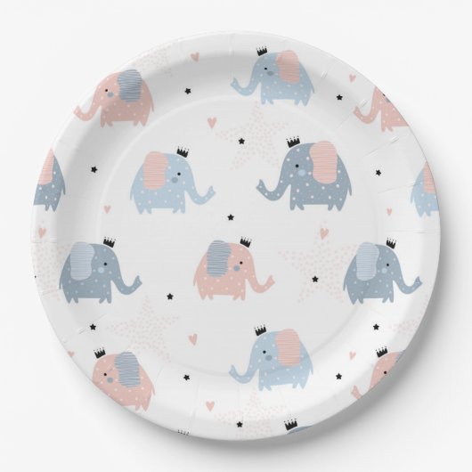 Pink Blue Elephants Crowns Girl Boy Baby Dusche Pappteller (Vorderseite)