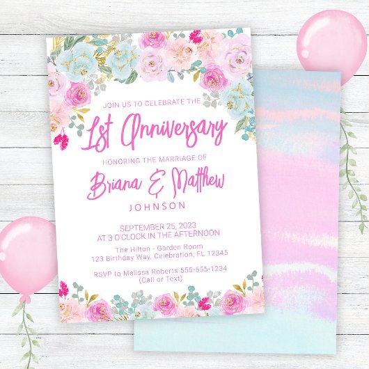 Pink Blue Floral 1. Hochzeitstag Einladung