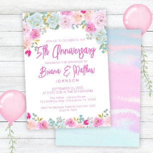 Pink Blue Floral 5. Hochzeitstag Einladung