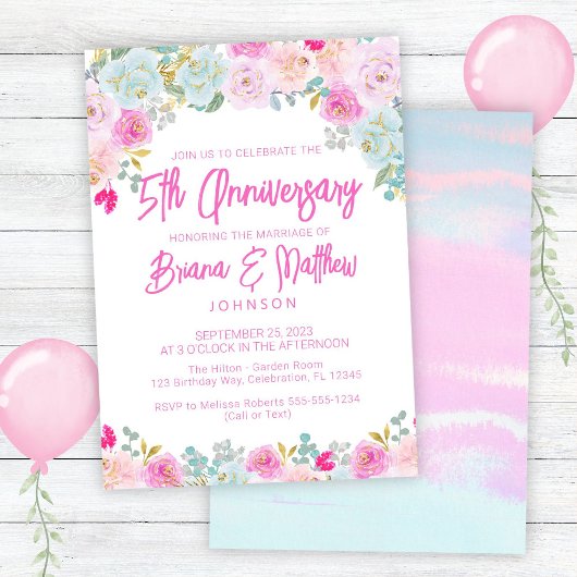 Pink Blue Floral 5. Hochzeitstag Einladung