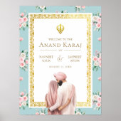 Pink Blue Floral Anand Karaj Wedding Begrüßungszei Poster (Vorne)