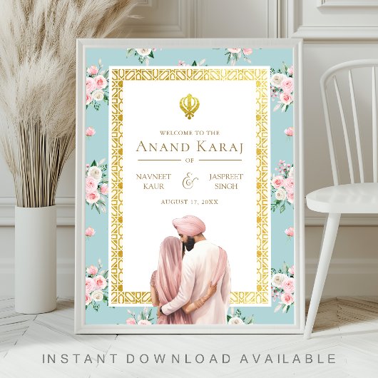 Pink Blue Floral Anand Karaj Wedding Begrüßungszei Poster
