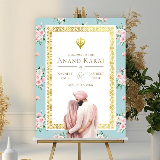 Pink Blue Floral Anand Karaj Wedding Begrüßungszei Poster