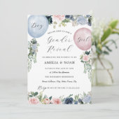 Pink Blue Floral Balloon Gender Reveal Einladung (Stehend Vorderseite)