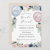 Pink Blue Floral Balloon Gender Reveal Einladung (Vorne/Hinten)