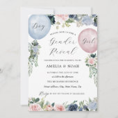 Pink Blue Floral Balloon Gender Reveal Einladung (Vorderseite)
