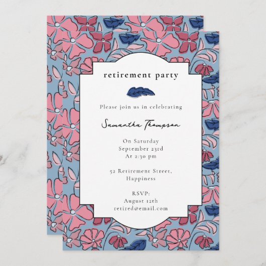 Pink Blue Floral Block Print Retirement Party Einladung (Vorne/Hinten)