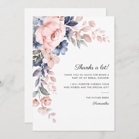 Pink Blue Floral Bloom Script Brautparty Dankeskarte (Vorne/Hinten)