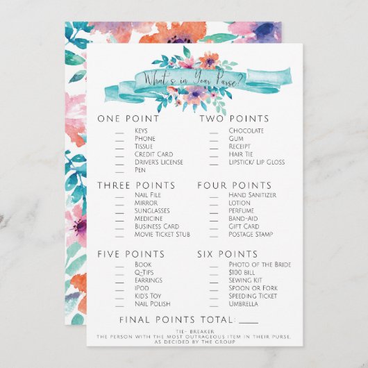 Pink Blue Floral Brautparty Pursuit Game Einladung (Vorne/Hinten)