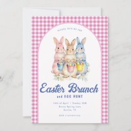 Pink Blue Floral Bunny Watercolor Gingham Easter Einladung