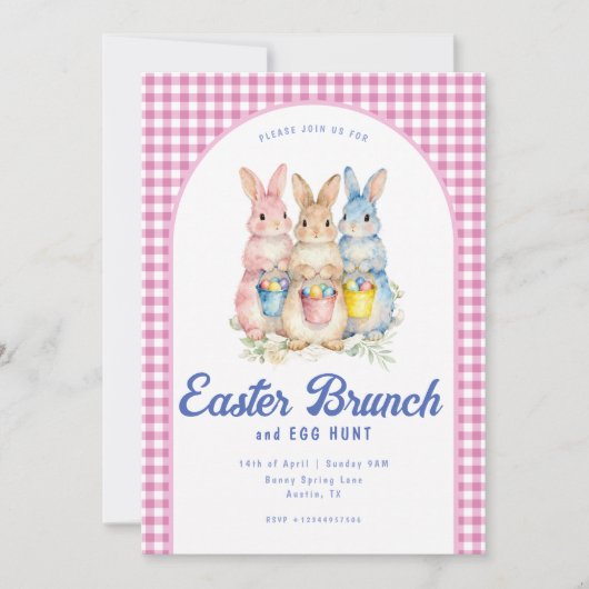 Pink Blue Floral Bunny Watercolor Gingham Easter Einladung (Vorderseite)