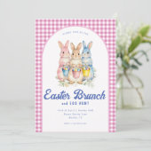 Pink Blue Floral Bunny Watercolor Gingham Easter Einladung (Stehend Vorderseite)
