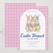 Pink Blue Floral Bunny Watercolor Gingham Easter Einladung (Vorne/Hinten)