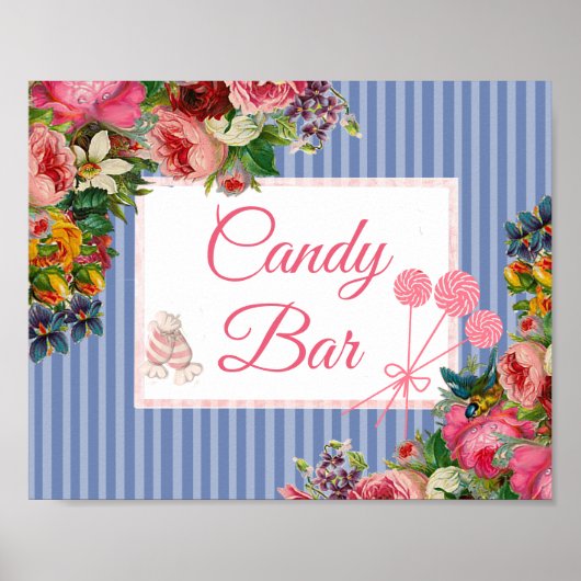 Pink & Blue Floral Candy Bar Wedding Sign Poster (Vorne)