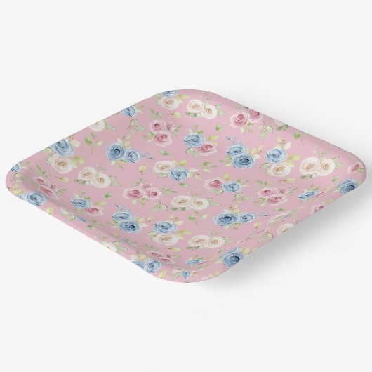 Pink Blue Floral coquette Birthday Pappteller (Gewinkelt)