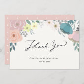 Pink & Blue Floral Cream Wedding Vielen Dank Dankeskarte (Vorne/Hinten)