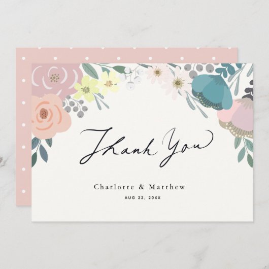 Pink & Blue Floral Cream Wedding Vielen Dank Dankeskarte (Vorne/Hinten)
