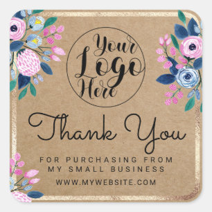Pink Blue Floral Gold Watercolor Kraft Vielen Dank Quadratischer Aufkleber