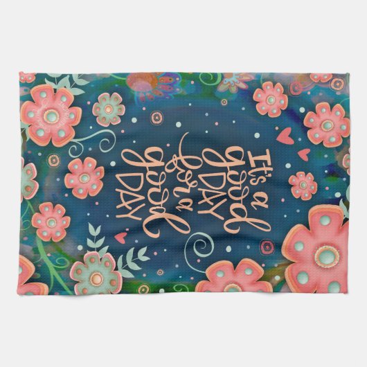 Pink Blue Floral Good Day Zitat Hübsch Geschirrtuch (Horizontal)
