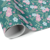Pink & Blue Floral Pattern on Teal – Modern Geschenkpapier (Rolleneckpunkt)