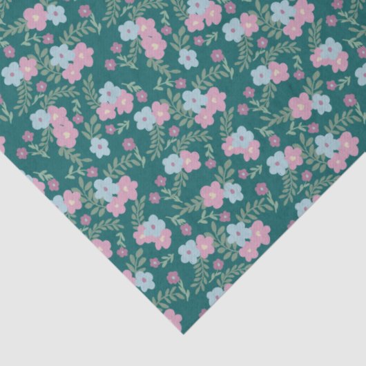 Pink & Blue Floral Pattern on Teal – Modern Seidenpapier (Detail)