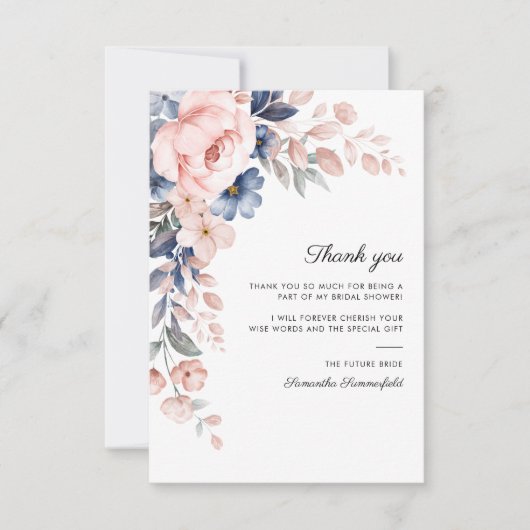 Pink Blue Floral Script Brautparty Dankeskarte (Vorderseite)