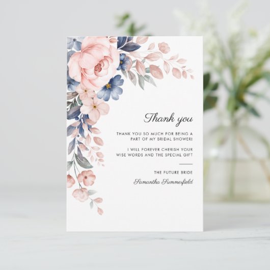 Pink Blue Floral Script Brautparty Dankeskarte (Stehend Vorderseite)
