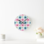 Pink & Blue Floral Seamless Pattern Runde Wanduhr (Zuhause)